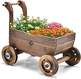 COSTWAY Blumenwagen Holz, Pflanzwagen mit Rädern und Griff, Pflanzkasten mit Abflussloch, Pflanztopf Bollerwagen, Schubkarre Gartendeko, Rustikaler Pflanzkarre für Garten Terrasse, Braun