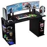 Madesa Gaming-Computertisch mit 5 Ablagen, Kabelmanagement und großem Monitorständer, Holz, 24' T x 53' W x 29' H - Schwarz