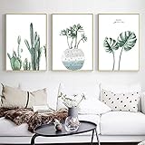 Grünes Blatt Monstera Aquarellpflanze Kaktus Ästhetische Dekoration Wandkunstdrucke Gemälde Leinwand Poster Wanddekoration Wohnzimmer Schlafzimmer Kunstwerke Bilder-50*70Cmx3 (20*27Zollx3) Ohne Rahmen