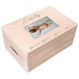 Creative Deco Foto Erinnerungsbox Baby Holzkiste Personalisiert | 30 x 20 x 14 cm (+/-1cm) | für Geburt & Taufe | Groß Natur Geschenk Spielzeugkiste Holzbox mit Deckel Gravur