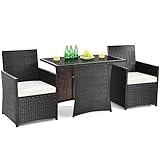 KOMFOTTEU Gartenmöbel-Set für den Außenbereich aus Rattan, Gartenmöbel-Set, 1 Tisch mit Tischplatte aus gehärtetem Glas, belastbar bis 75 kg, 2 Sessel mit Kissen, belastbar bis 180 kg