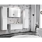 Lomadox Badmöbel Komplett Set in weiß geriffelt, 90cm Waschtisch-Unterschrank mit Keramik-Waschbecken, LED-Spiegelschrank, 2 Hochschränke