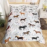 Loussiesd Kinder Pferd Bettwäsche Kawaii Katzen Pferde Bettwäsche Set für Mädchen Frauen Grau Buffalo Karo kariert Herz Dekor Bettbezug Set 155x220cm Bauernhaus Gitter Bauernpferd Bettwäsche 2 Stück