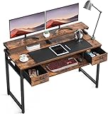 ODK Schreibtisch mit 2 Schubladen, Computertisch mit Tastaturablage, Bürotisch PC-Tisch mit Monitorablage Höhenverstellbaren 120 x 48 x 87cm Gaming Tisch für Home Office, Rustikales Braun