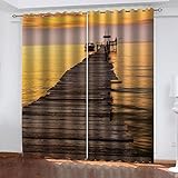 BONDIJ Lichtundurchlässige Vorhang 3D Abendliche Holzbrücke Mit Meerblick Muster Blickdicht Ösenvorhang Verdunklungsvorhänge Schlafzimmer Kinderzimmer Wohnzimmerdekoration 214X200cm(HxB)