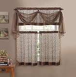 VCNY Home Victoria Classics | Linen Leaf Collection | Brown Scroll Broidered Rod Pocket Küchenvorhang-Set, 4-teilig