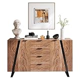 fangqi Sideboard mit Holzmuster, Spanplatte Oberfläche Schwarzer Siebdruck, mit 2 Türen 4 Schubladen 6 Griffen, Moderne Kommode Beistellschrank Wohnzimmer Schlafzimmer, 160 * 35 * 85cm