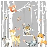 Grandora Wandtattoo Wandsticker Kinderzimmer Tiere Wald Birkenstämme Wandaufkleber Wanddeko Sticker Babyzimmer Spielzimmer Wandbild Kinder Jungs Aufkleber DL760