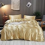 Omela Satin Bettwäsche Set 135x200 Gold Einfarbig Unifarben Glänzend Bettbezug mit Reißverschluss 100% Glanzsatin Polyester Glatt Angenehm Sommerbettwäsche und Kissenbezug 80x80 cm