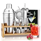 Cocktail Set, Godmorn Edelstahl Cocktail Shaker Set, 15 Teiliges Barkeeper Set mit Bessere Bambus Ständer, Rezeptbuch, Messbecher und Bar Löffel, 550 ml Cocktail Geschenk Set für Zuhause oder die Bar