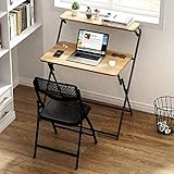 Klappbarer Schreibtisch und Stuhl-Set mit Bücherregal, tragbarer Computertisch für das Heimbüro, Büroschreibtisch ohne Montage, faltbarer, einfacher Arbeitsschreibtisch für kleine Räume (Farbe: Holz a