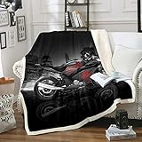 Herren-Fleecedecke mit Motorradmuster, cooles schwarz-rotes Motorrad-Sherpa-Überwurf, Decke für Sofa, Couch, Extremsport-Thema, warme Plüschdecke, modernes Stadtgebäude, Einzelbett, 127x152.4 cm