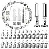 YIXISI 5m Wandhalterung Set, mit 24 Stück Metall Clips Haken, Edelstahl Vorhangdraht, Gardine Stahlseil, für Foto-Draht, Wäscheleine, Draht, Fenster, Vorhang, Spanndraht