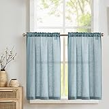 TOPICK Scheibengardine Leinen Bistrogardine Vorhang Blickdicht Gardine Gaze Paarig Schals Scheibengardinen Halbtransparent Fensterschal für Küche Wohnzimmer Landhaus 2er-Set 65Bx60H(cm) Blau