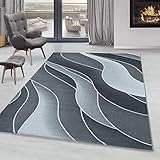 SIMPEX Kurzflor Teppich, Wellen Design, Teppich Grau, 80 x 250 cm, Teppich modernen Stil, Teppich Wohnzimmer