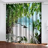 Gardinen Wohnzimmer Mit Ösen 3D Tropische Pflanzenseelandschaft Druck Muster Vorhang Blickdicht Für Kinderzimmer Schlafzimmer, Verdunklungsvorhänge 2Er Set, Schallschutz Thermovorhang 264X240cm (BxH)