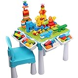 burgkidz 5-in-1-Kinder-Aktivitäts-Tischset - 128 Teile Kompatibel mit Bausteinen Spielzeug, Spieltisch Enthält 1 Stuhl und Bausteintisch mit Aufbewahrung, grüne Grundplatte/Blaue Farbe