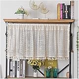 SAYT RLAE Bistrogardine Boho Vorhang Beige Kurz Scheibengardine Handgefertigte Häkeln Vorhänge mit Ausschnitten Kurzstore Gardinen mit Quasten für Küche Cafe Zimmer Fensterdeko,1 Stück, B150×H60cm