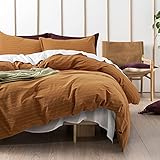 Get Bed Ready Gestreiftes Garn gefärbte gewaschene Baumwolle Chambray Bettbezug BettwäscheSet, minimales geometrisches strukturiertes Nadelstreifenmuster, Stonewashed Moos Ocker Palatial (Kupfer,