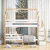 Moimhear Etagenbett, Doppelbett, Kinderbett in Hausform, Leiterschrank, Kinderhausbett aus Kiefernholz, farblich abgestimmtes Kinderbett, 90 x 200 cm, ohne Matratze, weiß und holzfarben.