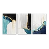 Kunstbild-3-Teiliges Nordisches Kunst-Leinwandgemälde Blaues Gold Abstrakte Geometrie Poster und Drucke Wandbilder für Wohnzimmer Heim Dekoration-60 * 90Cm/24 * 35 Zoll (Kein Rahmen)