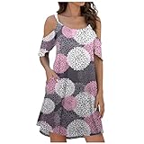 Komiseup Sommerkleid Damen Kurz Blumen Minikleid mit Rundhals Elegant Sexy Schulterfreies A-Linien Boho Kleid mit Tasche Blumen Druck Kurzarm Sommer Kleider Strandkleid Leichte Lufte Freizeitkleid