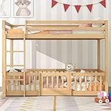 Dolamaní Etagenbett mit Leiter, Hochbett 200x90cm mit Zäune und Türchen, Kinderbett mit Fallschutz und Gitter, Massivholz, Natur