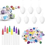 Leefrei 50 weiße Ostereier Set | Klassische Osterdekoration + Aquarell-Stift für Zweige und Ostergestecke + Oster-Aufkleber| Eier zum Bemalen und Beschriften 4x6 cm | Ostern 2022 (4 x 6cm, 50)