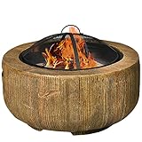 Outsunny Feuerschale, Feuerstelle mit Deckel, Feuerkorb mit Schürhaken, im Baumstumpf-Design, für Garten, Camping, Terrasse, Stahl, MgO, Braun