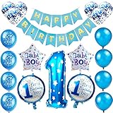 Kindergeburtstag Deko Jungen 1 Jahr ballon, 1. Geburtstag Dekorationen für Junge，Deko 1 Geburtstag ballon, erst Geburtstag Deko Jungen Happy Birthday Banner Luftballons Blau Konfetti Helium Set