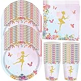 HGSHUO Fee Partygeschirr Kindergeburtstag Deko Geburtstag Party Geschirr Feen Pappteller Becher Servietten Fairy Geburtstagsparty Hochzeit Babyparty Picknick Tischdeko Set 20 Gäste