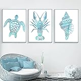 NETIVA Nordic Wandkunst Leinwand Malerei Hummer Seepferdchen Muschel Muschel Qualle Vintage Poster und Druck Bilder für Kinder Wohnzimmer Dekor-40X60Cmx3-Kein Rahmen