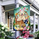 Yard Sign Langlebig Feiertage Flags Verblassen Beständig House Sign Décor Für Porch Lawn Bauernhof Osterhasen-Eier-Golden-Retriever-Flagge 70x100cm