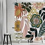 Duschvorhang Boho Style, Uiiooazy Duschvorhang Grün Blätter Blumen Rosa Vintage Duschvorhäng Badewanne Anti Schimmel Wasserdicht Polyester Stoff Waschbar Blickdicht Bad Vorhang mit 12 Ringen 180x180cm