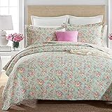 Tagesdecken-Set im Landhausstil mit Blumenmuster, gesteppt, 100% Baumwolle, Doppelbett, King-Size-Größe, mit gewelltem Rand und passenden 2 Kissenbezügen, 230 x 250 cm (230 x 250 cm)