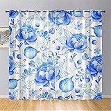 Hiseng Schiebegardinen Voile Vorhang Gardinen 2er Set, Blume Landschaft Sheer Schiebevorhänge Lichtdurchlässig Flächenvorhänge für Wohnzimmer Schlafzimmer Fensterschal (107x213cm,Blau Weiss)