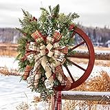 Winterkranz Bauernhaus Wagonrad Weihnachtskranz für Haustür, Veranda, Außenbereich, Vintage, Bauernhaus, Wanddekoration, Outdoor, rote Wagonräder, Schleife, Beere für Einweihungsgeschenk (A1–39,9 cm)