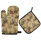 Ofenhandschuhe Topflappen Set Sommer Vintage Segelboote Retro Sea Dragons Monsters Kochhandschuhe Mit Innere Baumwollschicht Grillhandschuhe Hitzebeständige Topflappen Pad, Für BBQ, Grillen