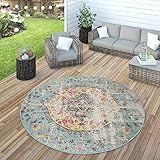 Paco Home In- & Outdoor Teppich Modern Orient Print Terrassen Teppich Türkis, Grösse:Ø 160 cm Rund