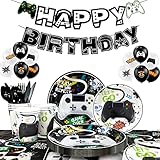 Videospiel Party Zubehör,140pcs Video Gamer Birthday Party Decorations&Videospiele Party Geschirr Set-Videospiel Servietten Teller Becher Luftballons Banner Tischdecke etc Playstation Deko Geburtstag
