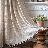 Lanqinglv Beige Vorhänge Boho Blickdicht Blumen Spitze Gardinen mit Quaste Baumwolle Leinen Landhausstil Häkeln Stricken Gardinen Vorhang für Küche Wohnzimmer Schlafzimmer,1 Stück,B132xH160cm