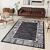 TAPISO Dream Teppich Wohnzimmer Modern Kurzflor Grau Schwarz Creme Afrika Jaguar Zebra Tiermotiv Meliert Bordüre Schlafzimmer ÖKOTEX 200 x 300 cm