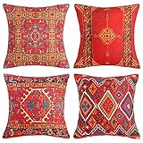 Kelim Kissenbezüge 50 x 50 cm Rot Ethnischer Türkischer Teppich Mustern Dekoration Kissenbezug Orientalischem Baumwolle Leinen Kissenhülle Sofa Deko Kissen Bezug für Zuhause Couch Outdoor,4er Set