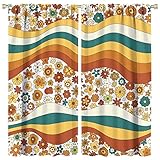 70er Jahre Retro Floral Boho Vorhänge Groovy Wavy Geometric Hippie Cute Flowers Gelb Orange Abstrakter Druck Geeignet für Zuhause Hütte Verdunkelung Fenster Vorhänge Dekoration 2 Paneele 107 x 114 cm