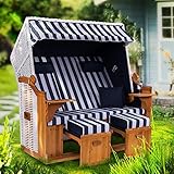 Strandkorb Ostsee ROYAL XXL Volllieger - extra breit - 150 cm in weiß blau dick gestreift inklusive Schutzhülle, ideal für Garten und Terrasse