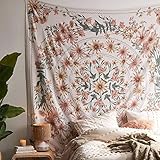 Beige Bohemian Tapisserie Wandbehang, Mandala Blumenmedaillon Hippie Tapisserie mit weißem ästhetischen Kranz Design, Psychedelischer Hippie Wanddekor Decke für Schlafzimmer Wohnheim, 150CM × 170CM