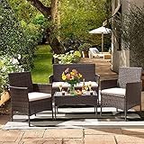 JINPALAY 4-teiliges Rattan Lounge Gartenmöbel Set Balkonmöbel Sitzgruppe für 4 Personen Sofa, Singlestühle, Tisch und Sitzkissen, Terrassenmöbel für Balkon, Garten (4-teiliges)