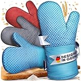 Funkenflug® Premium Ofenhandschuhe hitzebeständig [NEU] - Backhandschuhe mit Anti-Rutsch Silikonbeschichtung, extra langem Unterarmschutz & bequemer Passform - Topflappen Handschuh (Blau)