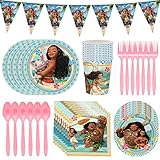 Hilloly Moana Partygeschirr Geburtstag Dekorations Geschirr Set Moana Thema Geburtstag Party Set Gewebe Platten Gabeln Pappbecher Löffel Wimpel für Kinder Geburtstagszubehör