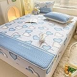 Daenlujec Wasserbett Boxspringbett Spannbettlaken 135 x 190 cm, 3 Stück, Bedruckte Latex-Sommer-Tagesdecke und Kissenbezüge, Coole Gesteppte Eisseide-Bettmatte, elastische Band-Bettmatten, blau